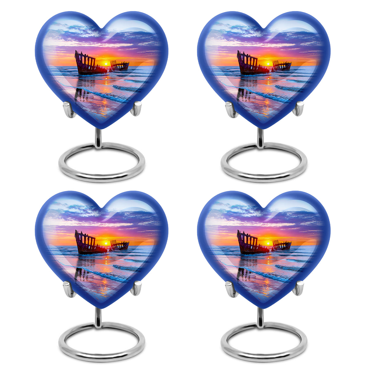 Slate Blue Beach Cremation Urn angled view of lid and engraved motif - loving heart memorial featuring beach pattern - 10 inch aluminum urn for cremated remains