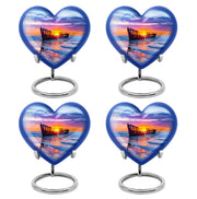 Slate Blue Beach Cremation Urn angled view of lid and engraved motif - loving heart memorial featuring beach pattern - 10 inch aluminum urn for cremated remains