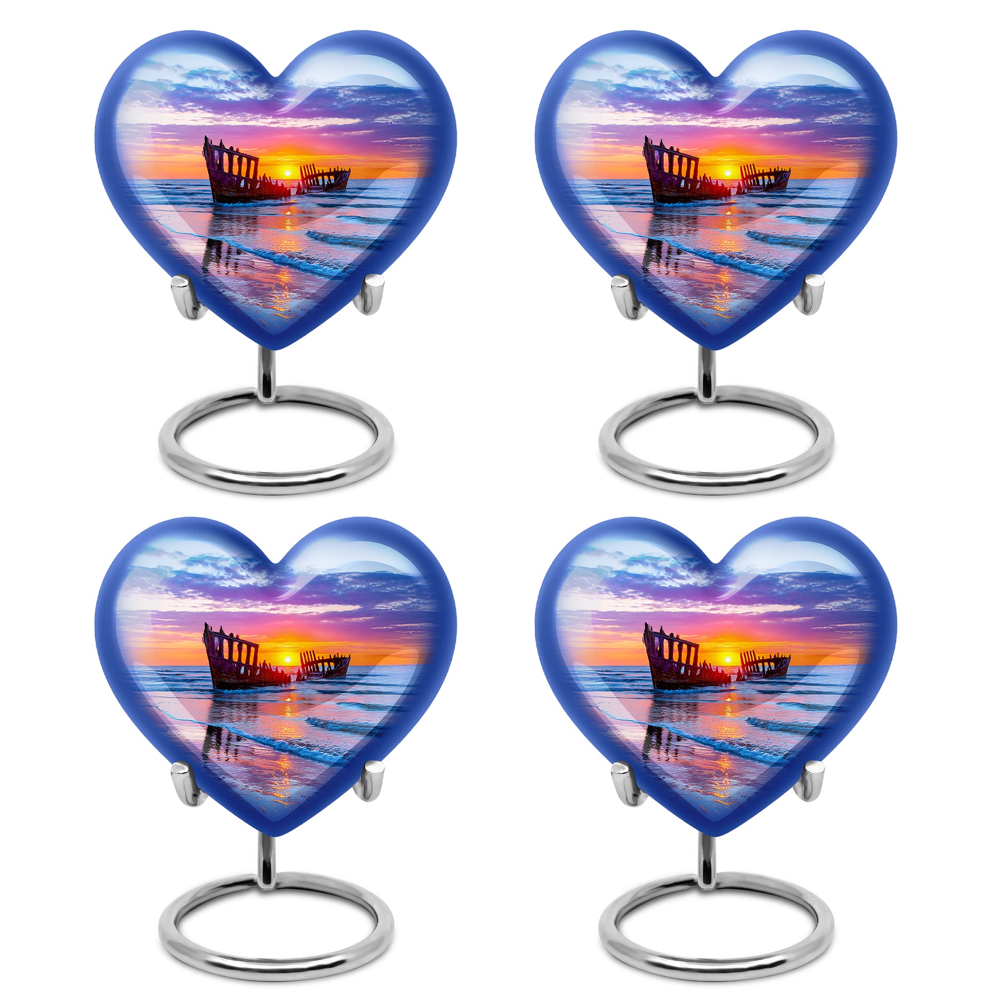 Slate Blue Beach Cremation Urn angled view of lid and engraved motif - loving heart memorial featuring beach pattern - 10 inch aluminum urn for cremated remains