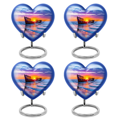 Slate Blue Beach Cremation Urn angled view of lid and engraved motif - loving heart memorial featuring beach pattern - 10 inch aluminum urn for cremated remains
