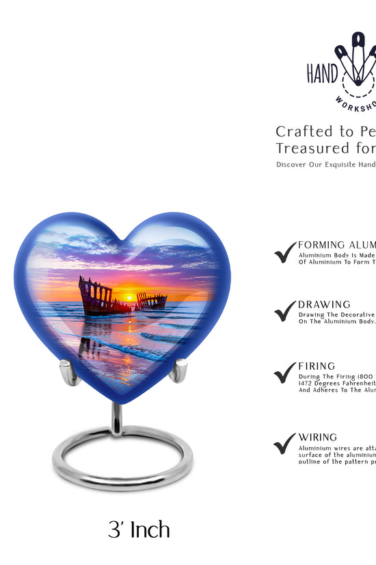 Indigo Beach Cremation Urn front view showing detailed design - loving heart memorial featuring beach pattern - mini keepsake memorial for portion of cremation ashes