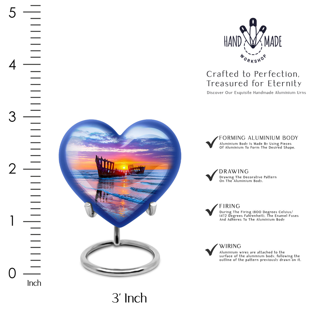 Indigo Beach Cremation Urn front view showing detailed design - loving heart memorial featuring beach pattern - mini keepsake memorial for portion of cremation ashes