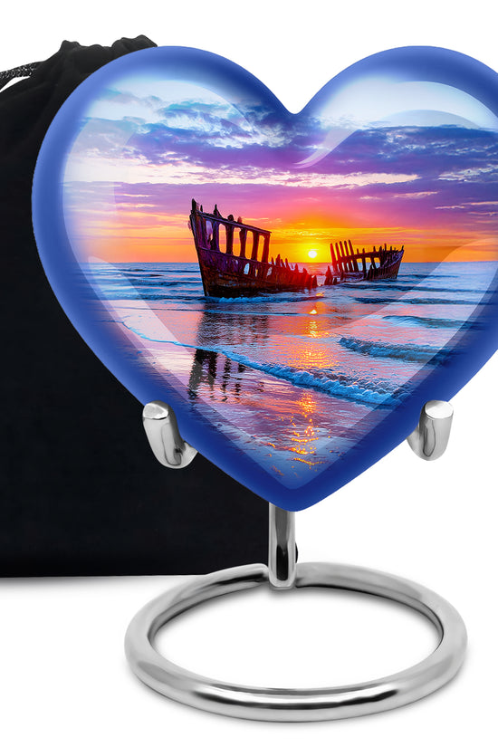 Royal Blue Beach Cremation Urn detail view - romantic heart urn with beach motif on aluminum - full-size 10 inch 200 cubic inch adult cremation urn