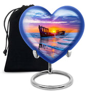 Royal Blue Beach Cremation Urn detail view - romantic heart urn with beach motif on aluminum - full-size 10 inch 200 cubic inch adult cremation urn