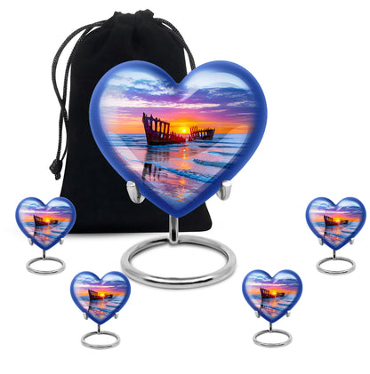 Cornflower Blue Beach Cremation Urn close-up of engraving and surface detail - romantic heart urn with beach motif on aluminum - memorial set with one large and four small urns