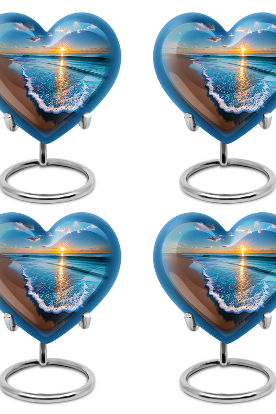 Soft Blue Beach Cremation Urn angled view of lid and engraved motif - romantic heart urn with beach motif on aluminum - 10 inch aluminum urn for cremated remains