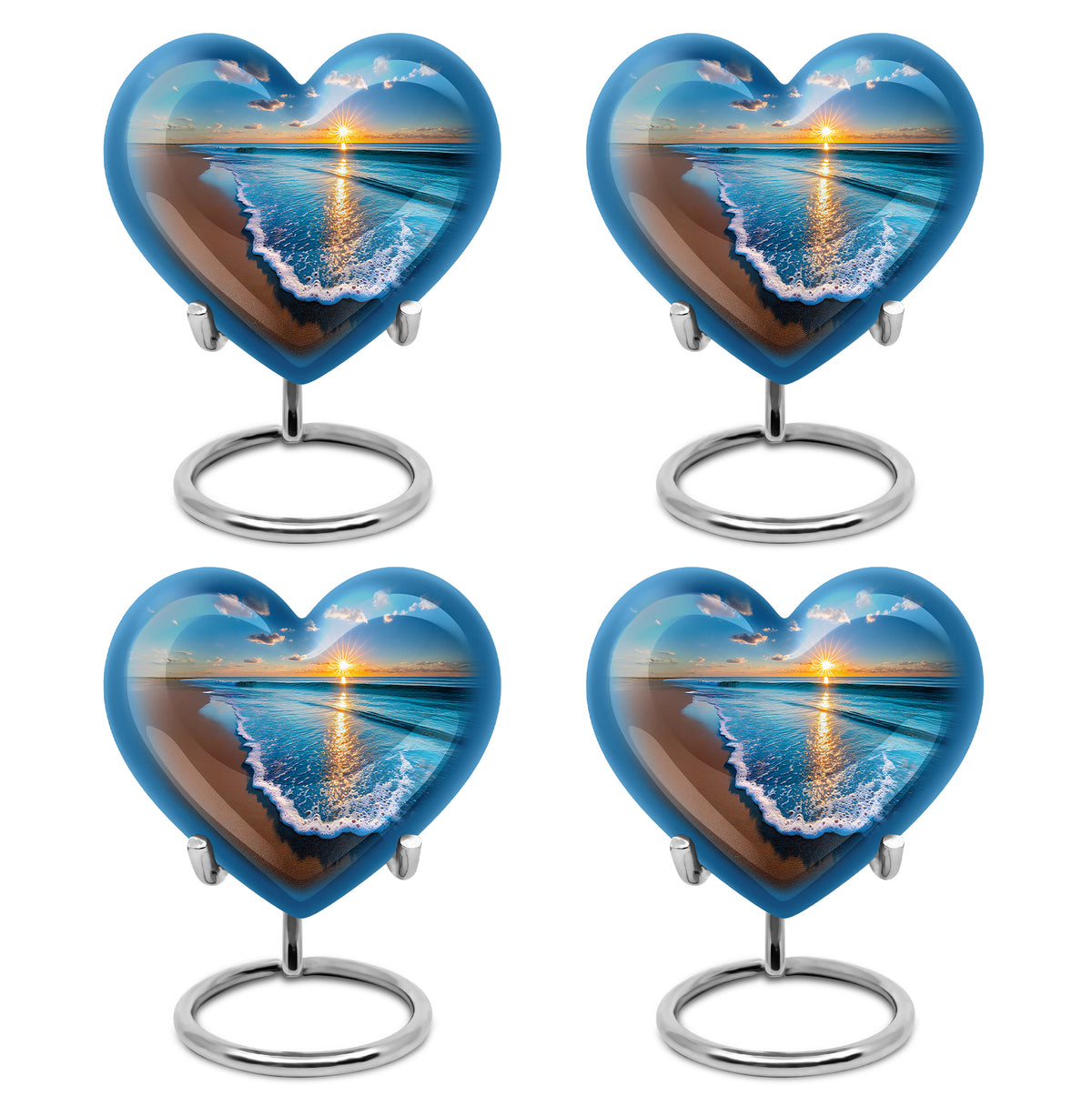 Soft Blue Beach Cremation Urn angled view of lid and engraved motif - romantic heart urn with beach motif on aluminum - 10 inch aluminum urn for cremated remains
