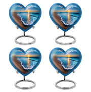 Soft Blue Beach Cremation Urn angled view of lid and engraved motif - romantic heart urn with beach motif on aluminum - 10 inch aluminum urn for cremated remains