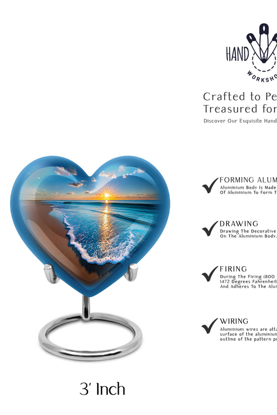 Calming Blue Beach Cremation Urn front view showing detailed design - compassionate heart-beach combination with gentle curves - mini keepsake memorial for portion of cremation ashes