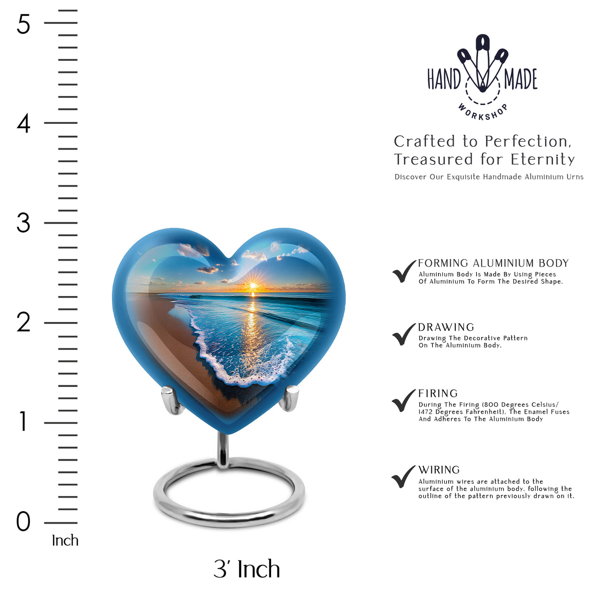 Calming Blue Beach Cremation Urn front view showing detailed design - compassionate heart-beach combination with gentle curves - mini keepsake memorial for portion of cremation ashes