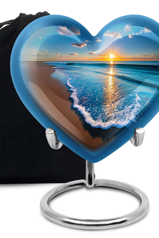 Misty Blue Beach Cremation Urn detail view - loving heart memorial featuring beach pattern - full-size 10 inch 200 cubic inch adult cremation urn