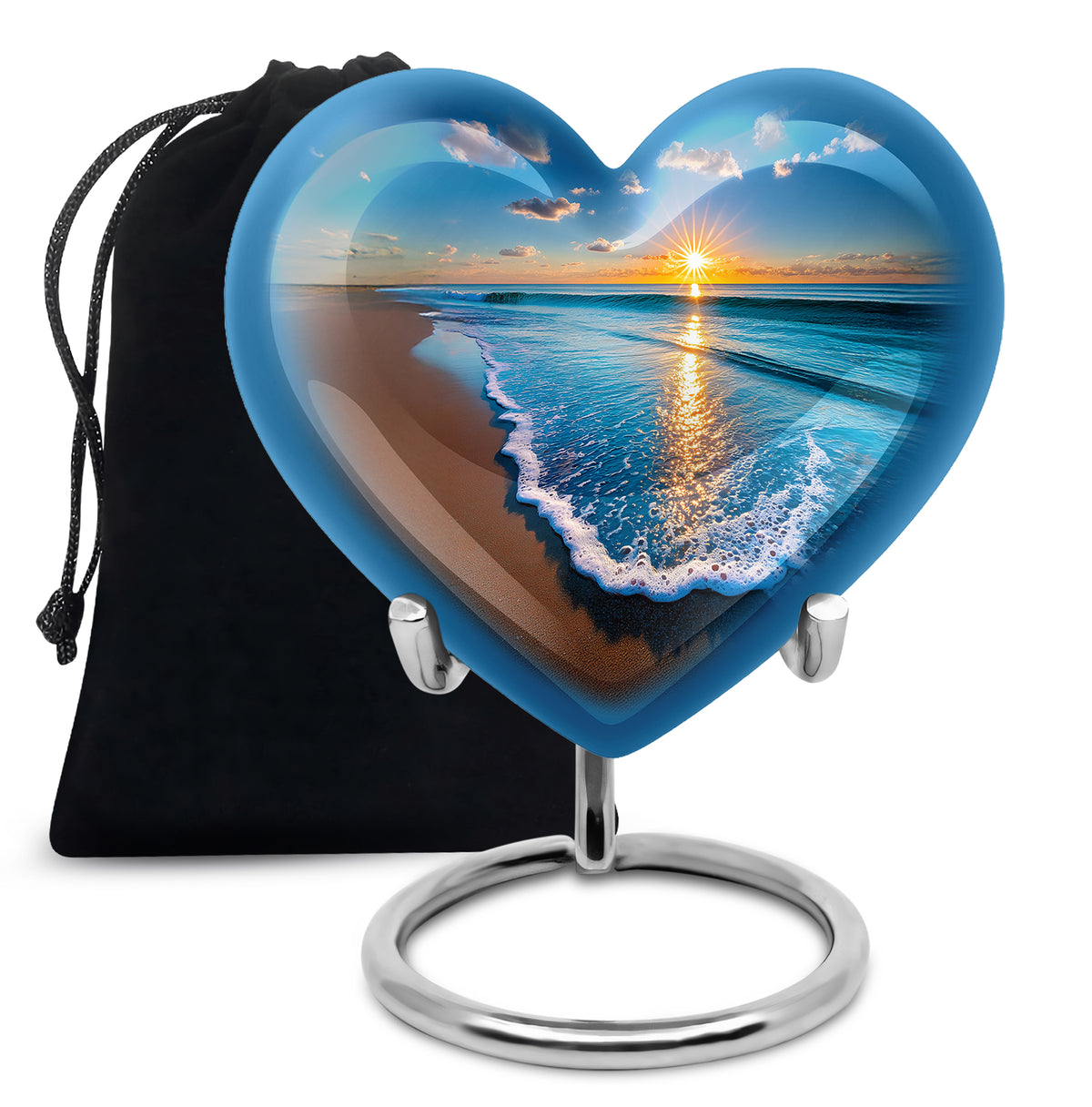 Misty Blue Beach Cremation Urn detail view - loving heart memorial featuring beach pattern - full-size 10 inch 200 cubic inch adult cremation urn