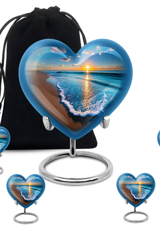 Cornflower Blue Beach Cremation Urn close-up of engraving and surface detail - romantic heart urn with beach motif on aluminum - memorial set with one large and four small urns