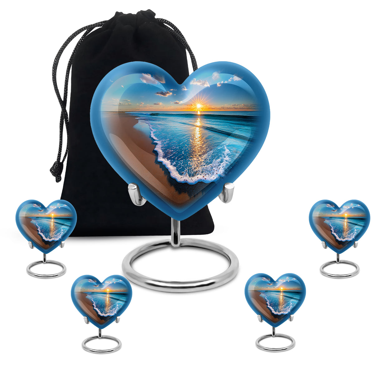 Cornflower Blue Beach Cremation Urn close-up of engraving and surface detail - romantic heart urn with beach motif on aluminum - memorial set with one large and four small urns