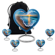Cornflower Blue Beach Cremation Urn close-up of engraving and surface detail - romantic heart urn with beach motif on aluminum - memorial set with one large and four small urns