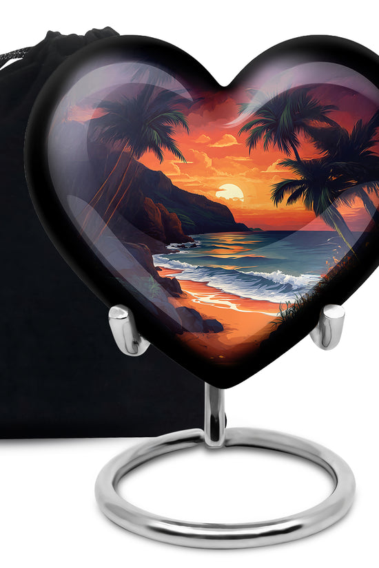 Beach Sunset Cremation Urn - Palm Tree Beach Funeral Urn For Loved Ones