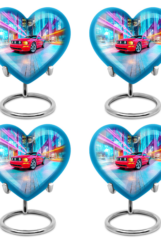Serene Blue Car Cremation Urn angled view of lid and engraved motif - compassionate heart-car combination with gentle curves - 10 inch aluminum urn for cremated remains