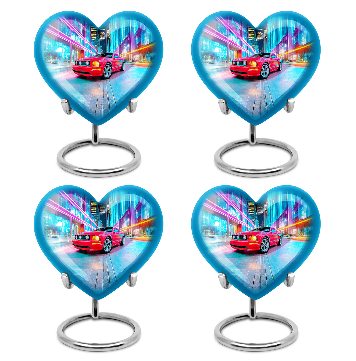 Serene Blue Car Cremation Urn angled view of lid and engraved motif - compassionate heart-car combination with gentle curves - 10 inch aluminum urn for cremated remains