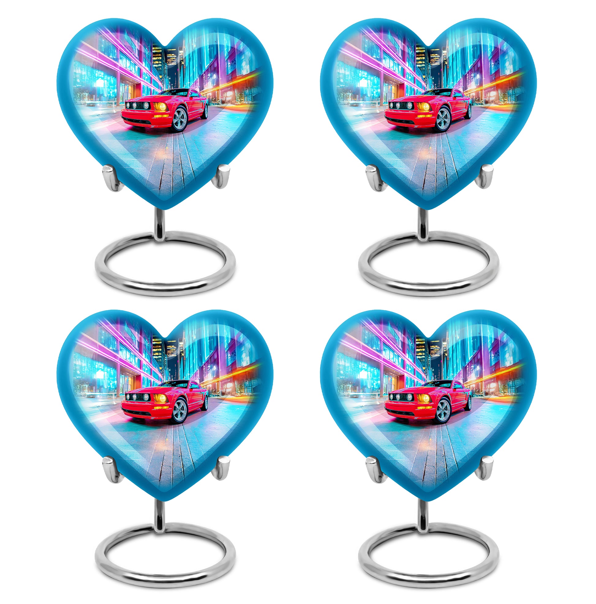Serene Blue Car Cremation Urn angled view of lid and engraved motif - compassionate heart-car combination with gentle curves - 10 inch aluminum urn for cremated remains
