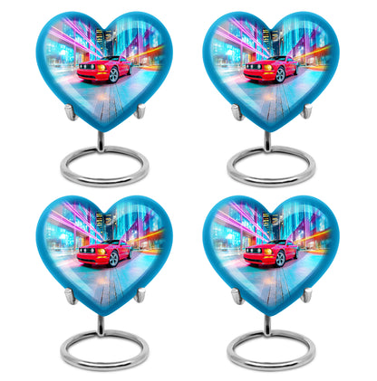 Serene Blue Car Cremation Urn angled view of lid and engraved motif - compassionate heart-car combination with gentle curves - 10 inch aluminum urn for cremated remains