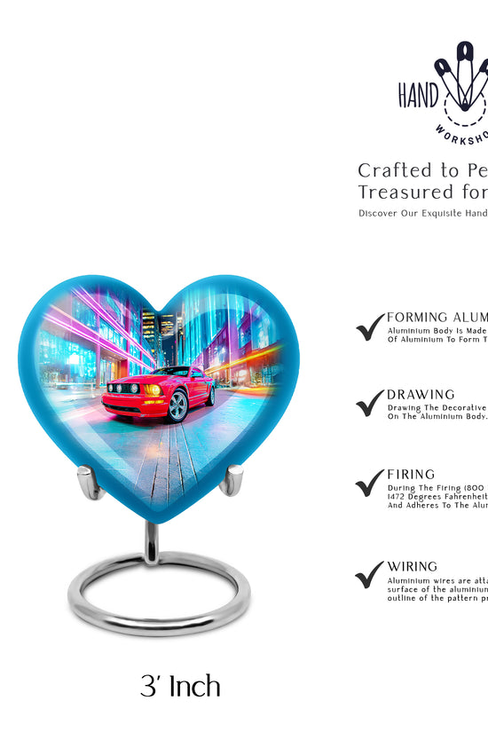 Slate Blue Car Cremation Urn front view showing detailed design - loving heart memorial featuring car pattern - mini keepsake memorial for portion of cremation ashes