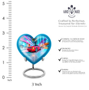 Slate Blue Car Cremation Urn front view showing detailed design - loving heart memorial featuring car pattern - mini keepsake memorial for portion of cremation ashes
