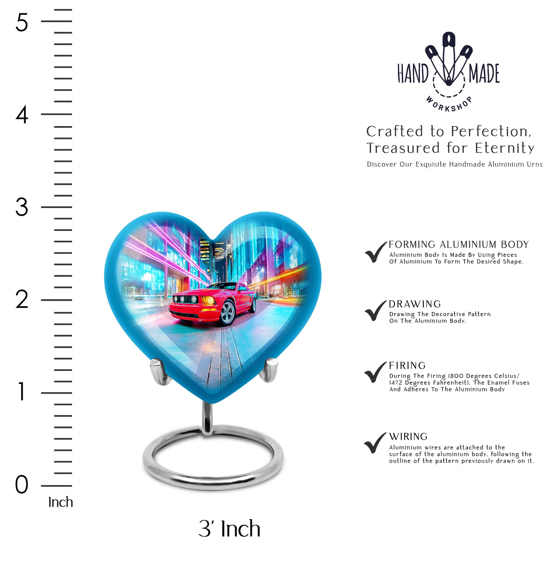 Slate Blue Car Cremation Urn front view showing detailed design - loving heart memorial featuring car pattern - mini keepsake memorial for portion of cremation ashes