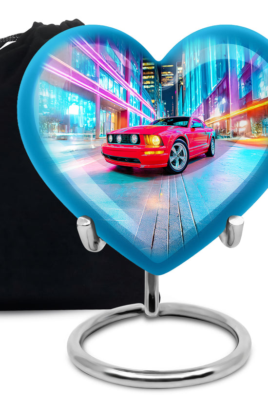 Icy Blue Car Cremation Urn detail view - heart-shaped car design symbolizing eternal love - full-size 10 inch 200 cubic inch adult cremation urn