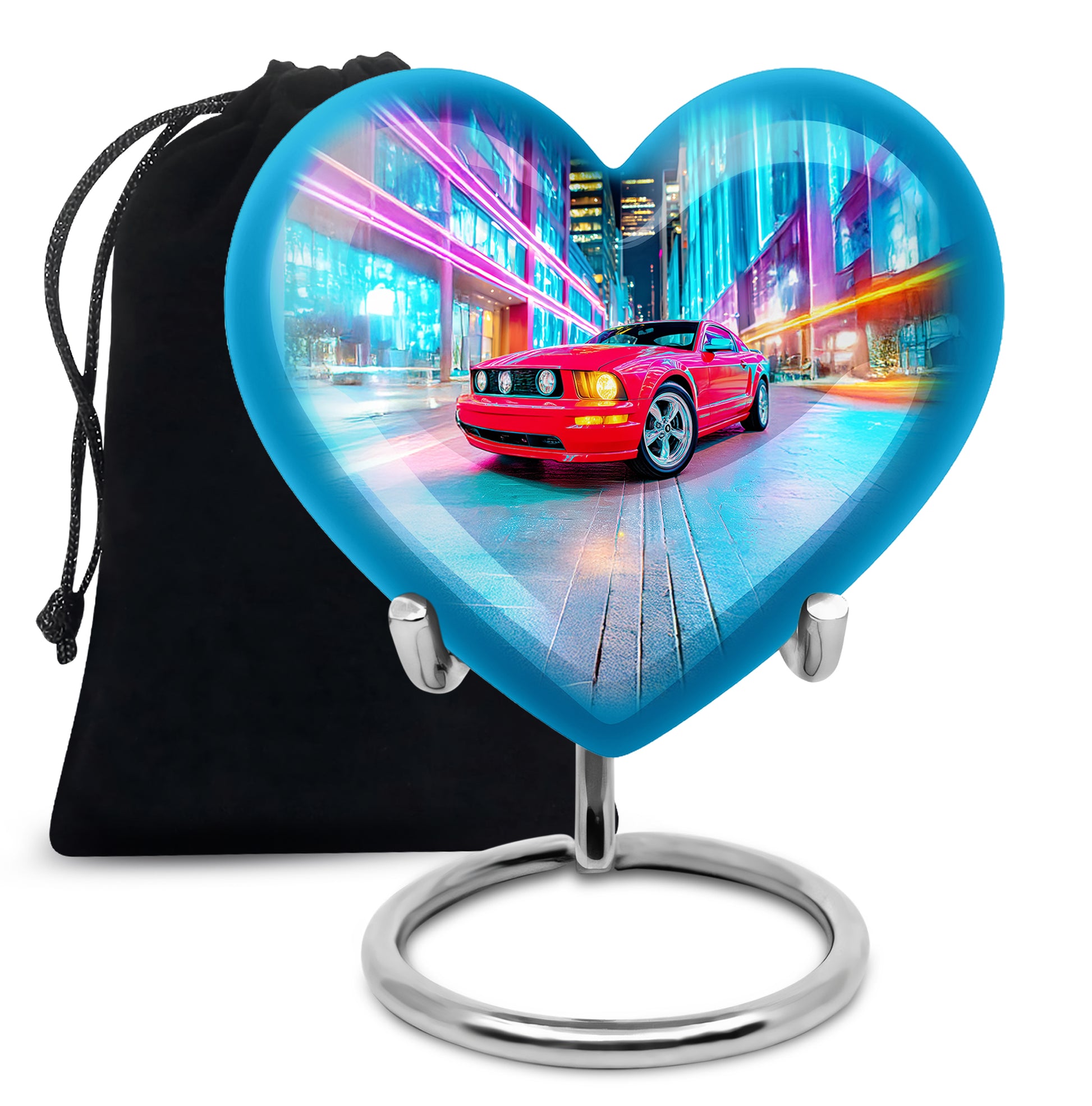Icy Blue Car Cremation Urn detail view - heart-shaped car design symbolizing eternal love - full-size 10 inch 200 cubic inch adult cremation urn
