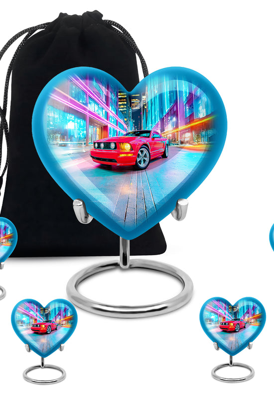 Pastel Blue Car Cremation Urn close-up of engraving and surface detail - heart-shaped car design symbolizing eternal love - memorial set with one large and four small urns