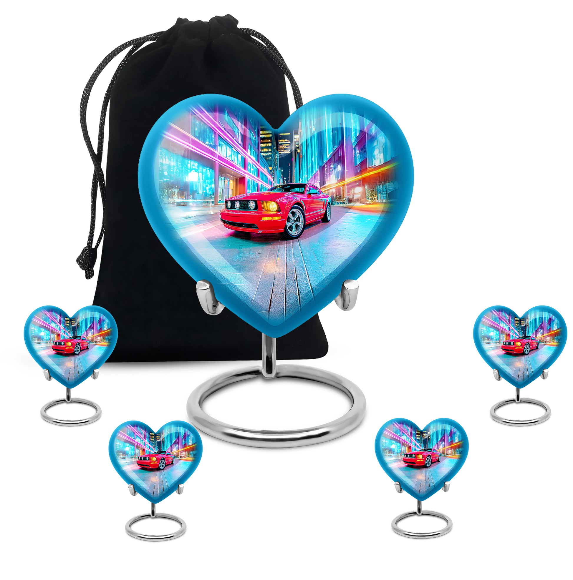 Pastel Blue Car Cremation Urn close-up of engraving and surface detail - heart-shaped car design symbolizing eternal love - memorial set with one large and four small urns