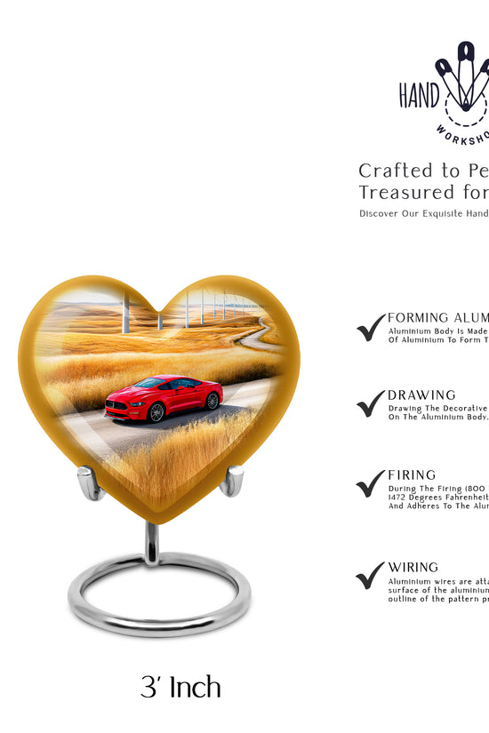 Sapphire Blue Car Cremation Urn front view showing detailed design - romantic heart urn with car motif on aluminum - mini keepsake memorial for portion of cremation ashes