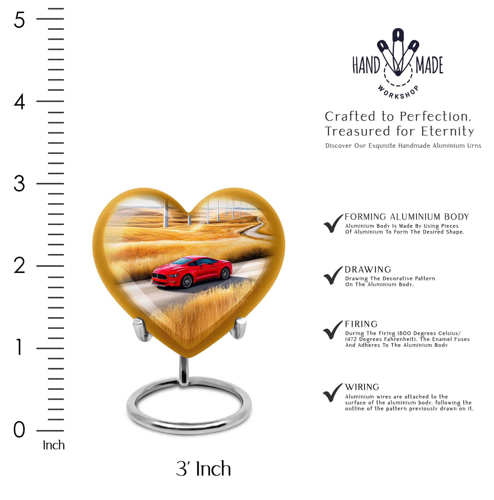 Sapphire Blue Car Cremation Urn front view showing detailed design - romantic heart urn with car motif on aluminum - mini keepsake memorial for portion of cremation ashes