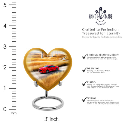 Sapphire Blue Car Cremation Urn front view showing detailed design - romantic heart urn with car motif on aluminum - mini keepsake memorial for portion of cremation ashes
