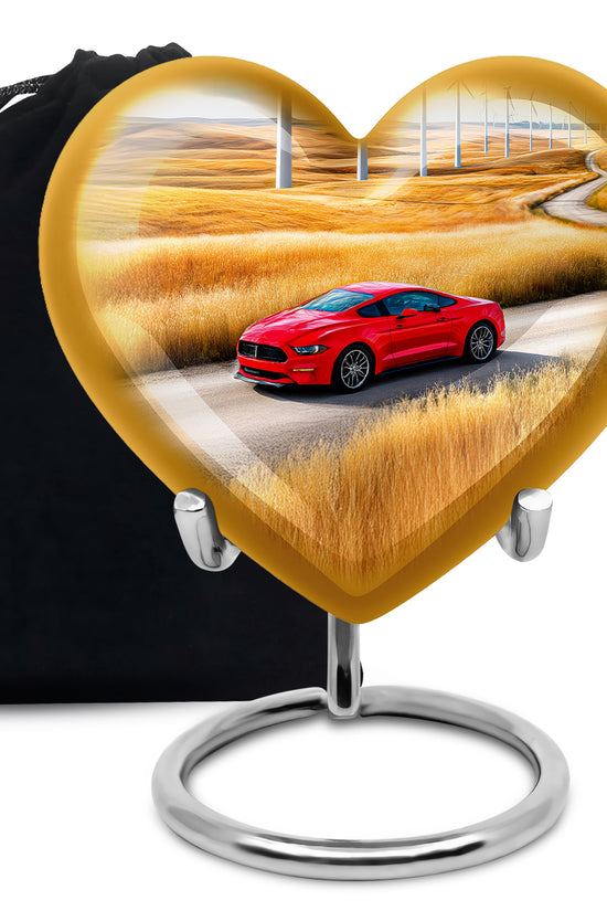 Misty Blue Car Cremation Urn detail view - heart-shaped car design symbolizing eternal love - full-size 10 inch 200 cubic inch adult cremation urn