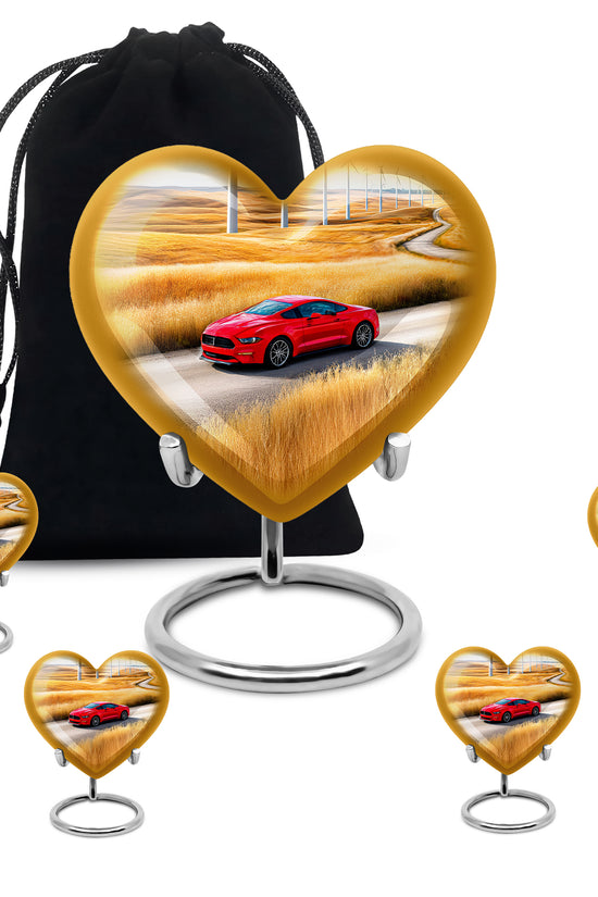Navy Blue Car Cremation Urn close-up of engraving and surface detail - loving heart memorial featuring car pattern - memorial set with one large and four small urns