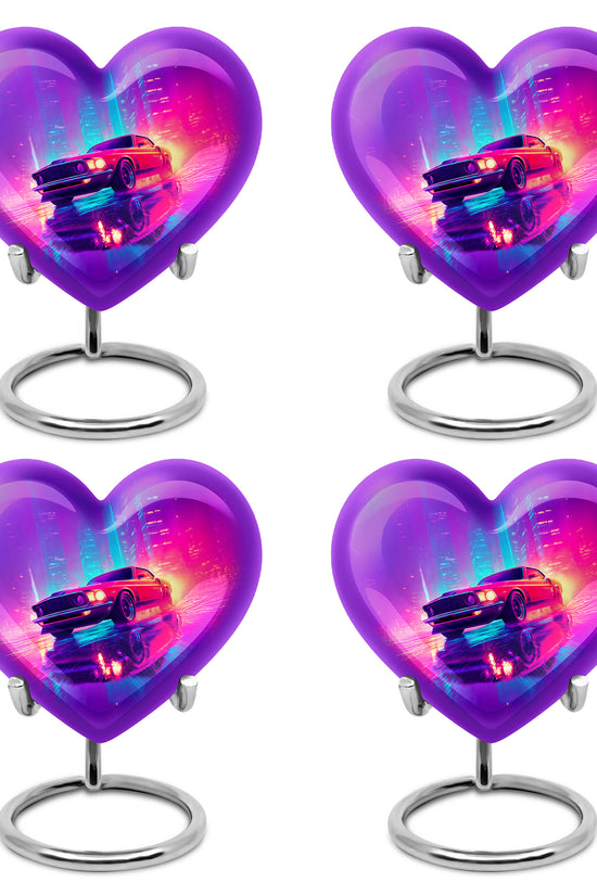 Twilight Blue Car Cremation Urn angled view of lid and engraved motif - romantic heart urn with car motif on aluminum - 10 inch aluminum urn for cremated remains
