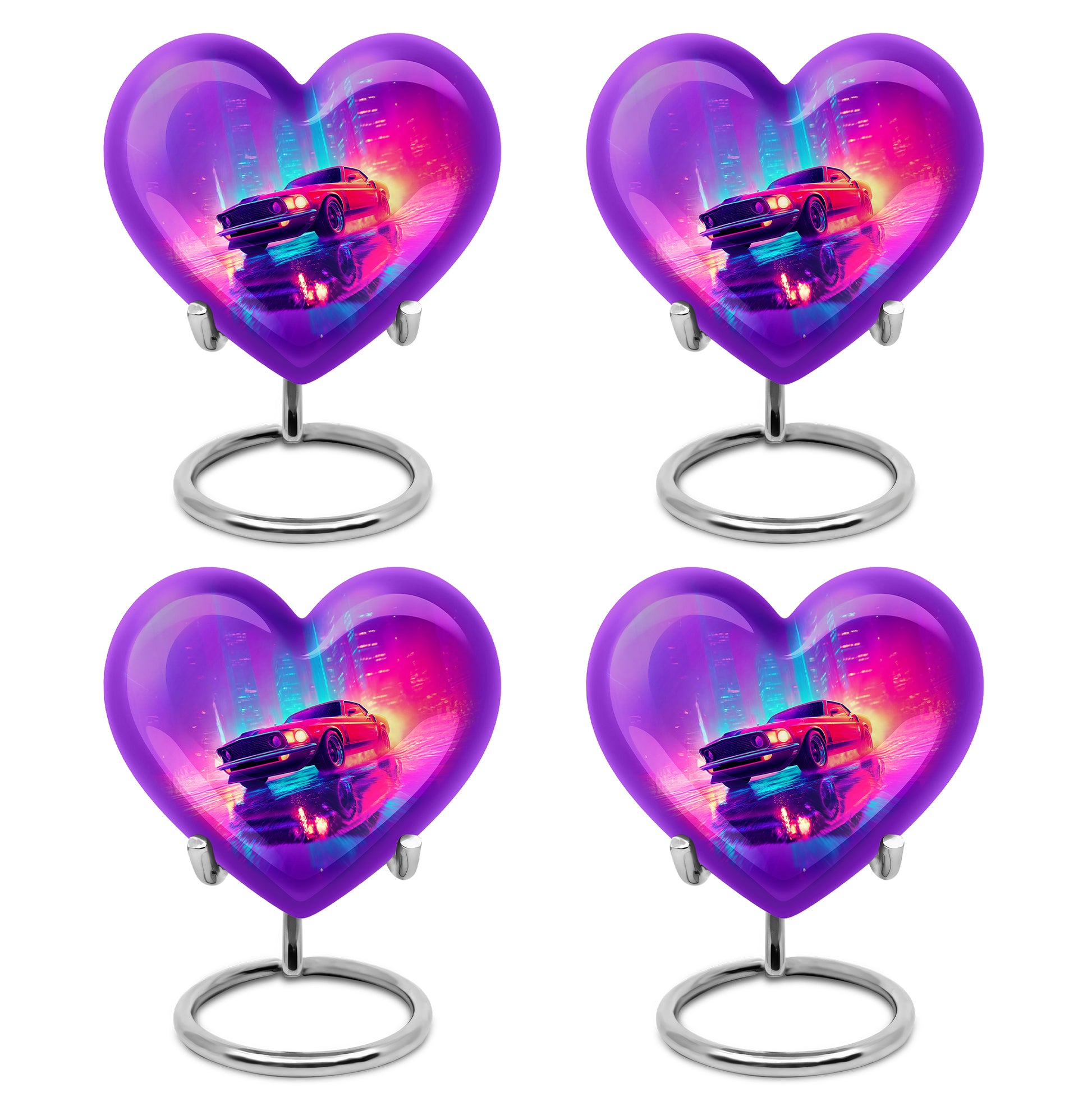 Twilight Blue Car Cremation Urn angled view of lid and engraved motif - romantic heart urn with car motif on aluminum - 10 inch aluminum urn for cremated remains