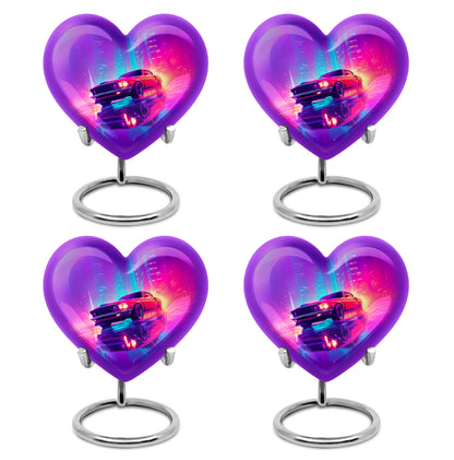 Twilight Blue Car Cremation Urn angled view of lid and engraved motif - romantic heart urn with car motif on aluminum - 10 inch aluminum urn for cremated remains