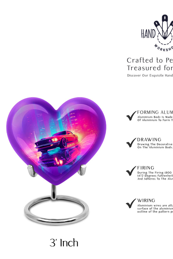 Soft Blue Car Cremation Urn front view showing detailed design - romantic heart urn with car motif on aluminum - mini keepsake memorial for portion of cremation ashes
