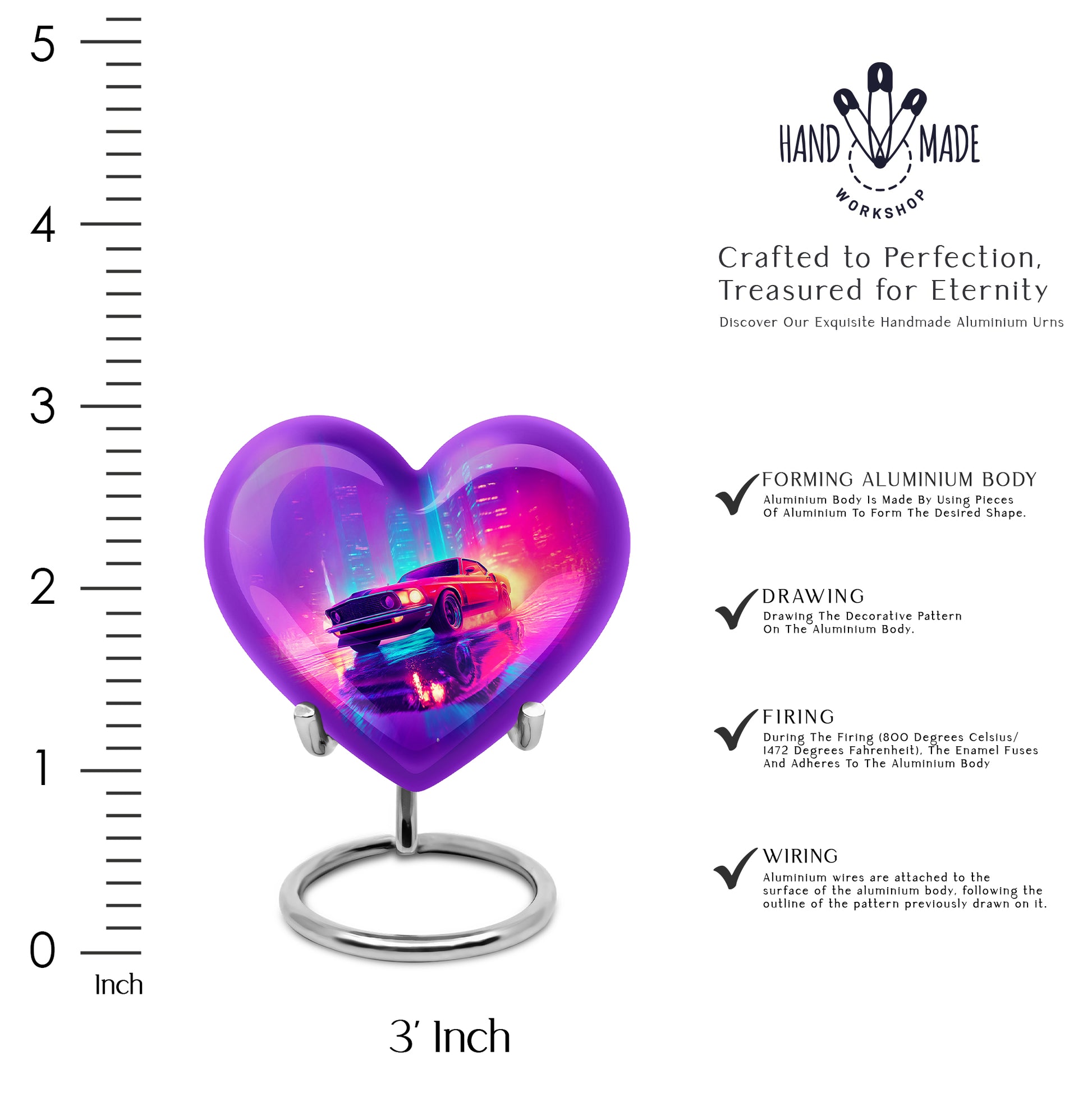 Soft Blue Car Cremation Urn front view showing detailed design - romantic heart urn with car motif on aluminum - mini keepsake memorial for portion of cremation ashes