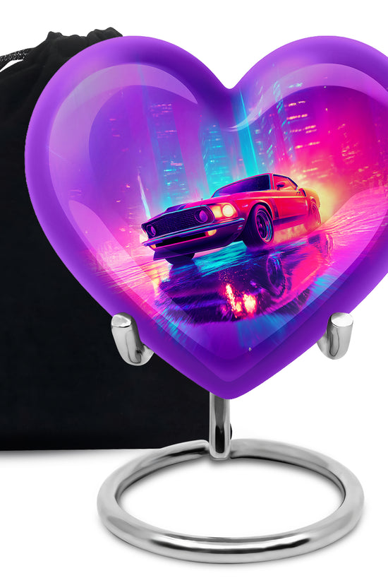 Powder Blue Car Cremation Urn detail view - loving heart memorial featuring car pattern - full-size 10 inch 200 cubic inch adult cremation urn