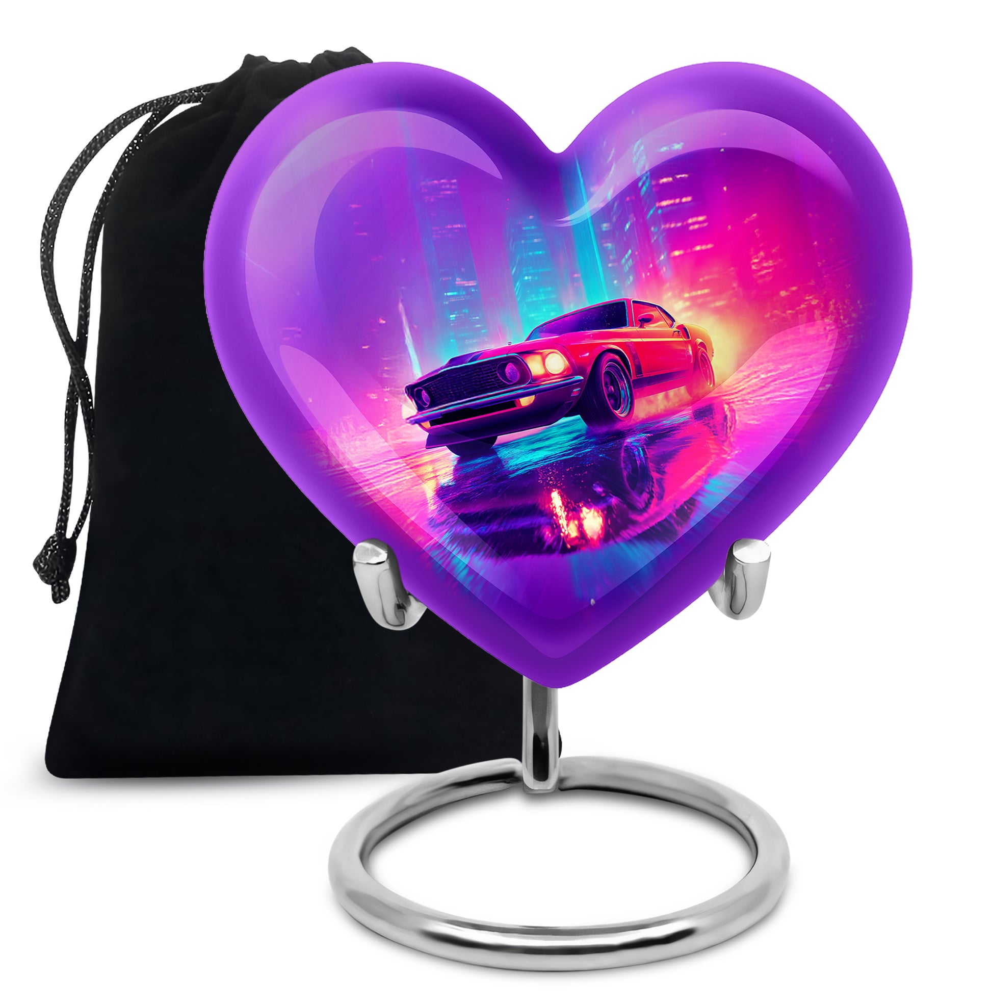 Powder Blue Car Cremation Urn detail view - loving heart memorial featuring car pattern - full-size 10 inch 200 cubic inch adult cremation urn