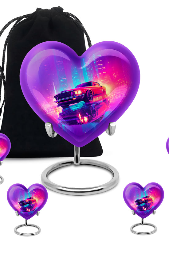 Indigo Car Cremation Urn close-up of engraving and surface detail - heart-shaped car design symbolizing eternal love - memorial set with one large and four small urns