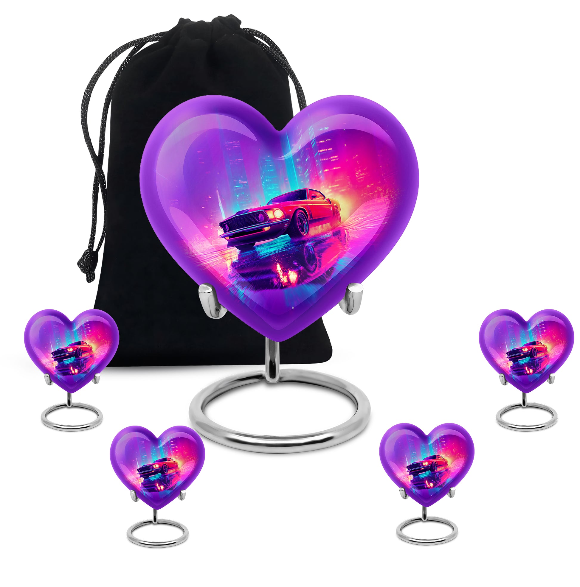 Indigo Car Cremation Urn close-up of engraving and surface detail - heart-shaped car design symbolizing eternal love - memorial set with one large and four small urns