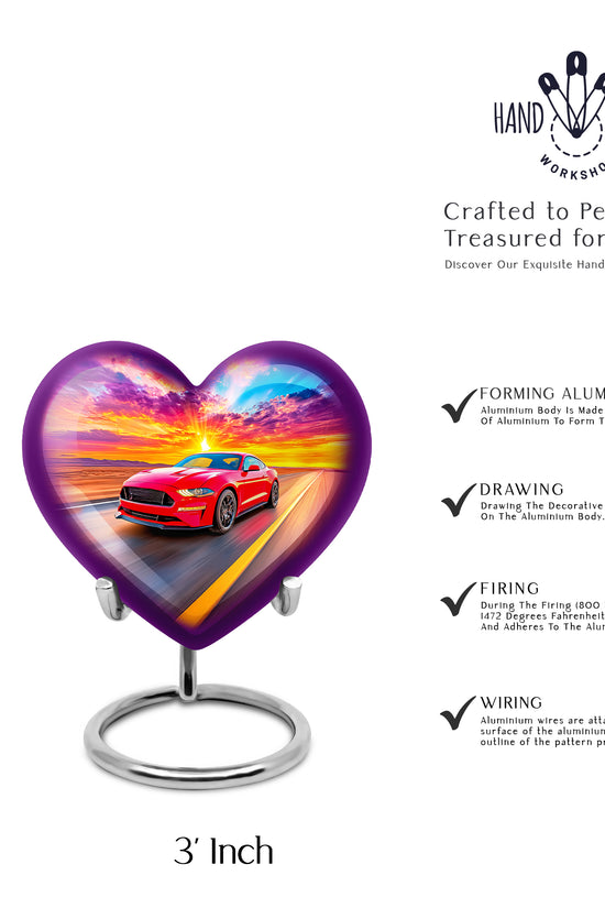 Navy Blue Car Cremation Urn front view showing detailed design - heart-shaped car design symbolizing eternal love - mini keepsake memorial for portion of cremation ashes
