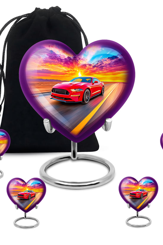 Royal Blue Car Cremation Urn close-up of engraving and surface detail - romantic heart urn with car motif on aluminum - memorial set with one large and four small urns