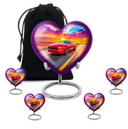 Royal Blue Car Cremation Urn close-up of engraving and surface detail - romantic heart urn with car motif on aluminum - memorial set with one large and four small urns