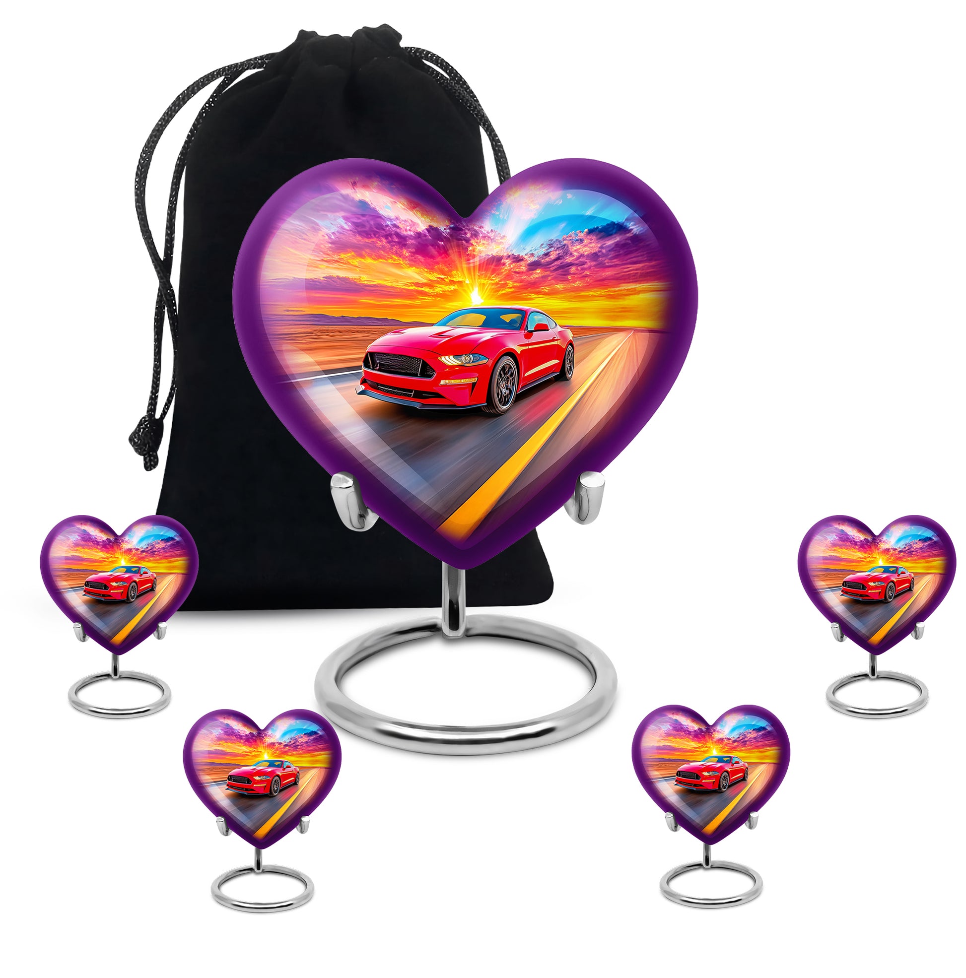 Royal Blue Car Cremation Urn close-up of engraving and surface detail - romantic heart urn with car motif on aluminum - memorial set with one large and four small urns