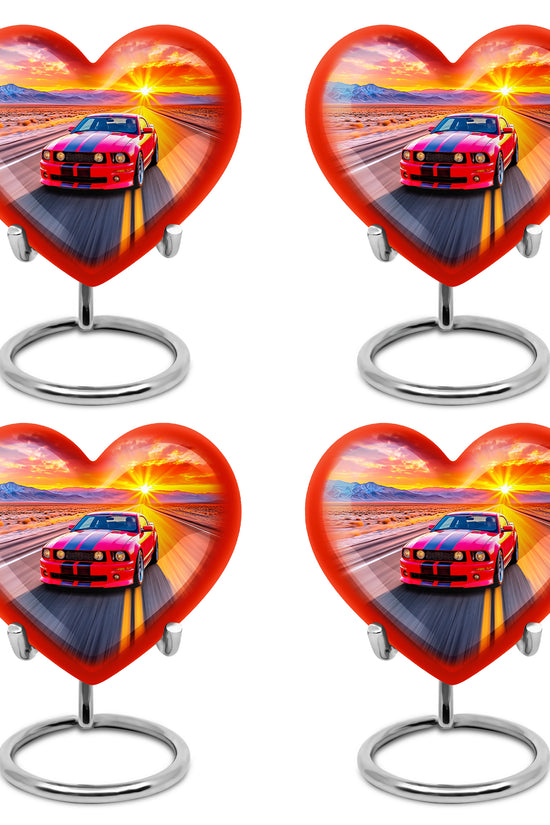 Peony Pink Car Cremation Urn angled view of lid and engraved motif - heart-shaped car design symbolizing eternal love - 10 inch aluminum urn for cremated remains